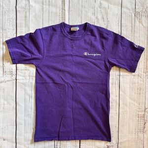 Vintage Champion Mens Sz S T-Shirt Purple Spellout Logo Tee Short Sleeve